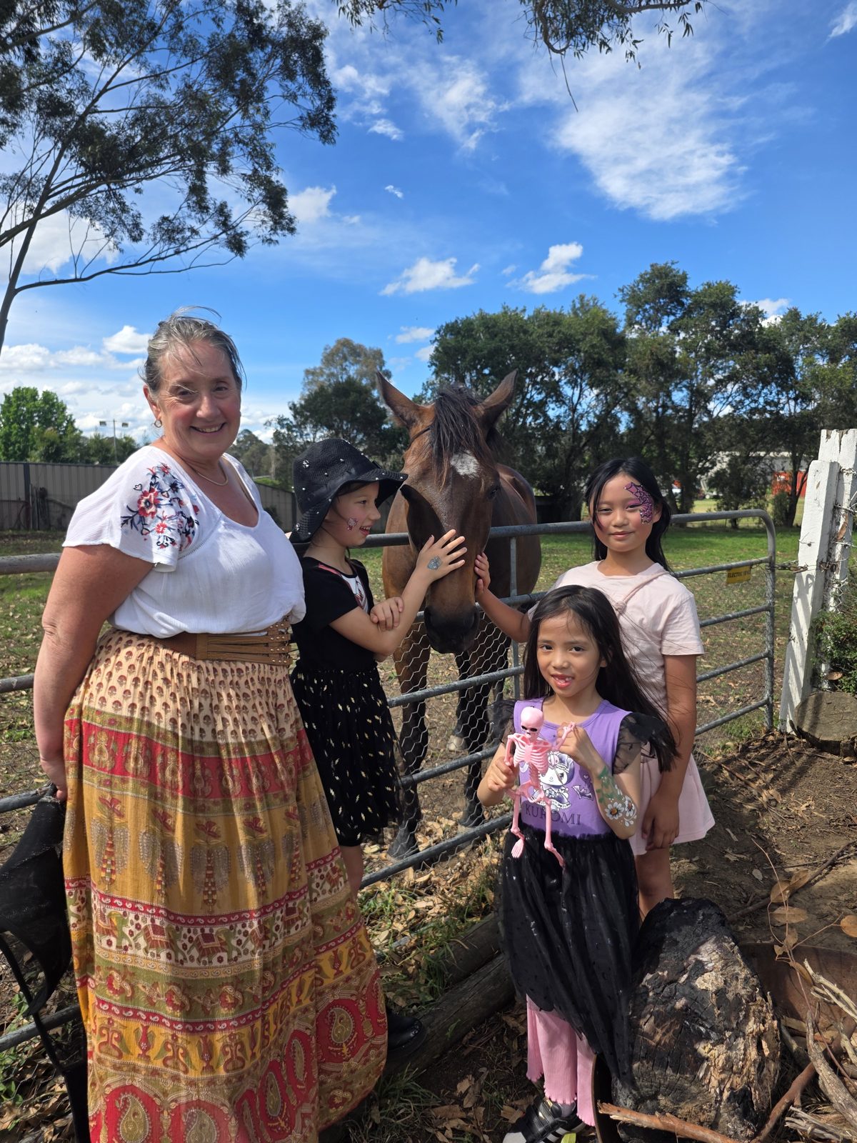 Children meeting a horse at the paddock gate